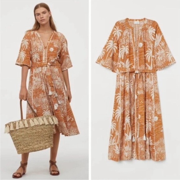 Desmond & Dempsey x H&M Linen Blend Belted Kaftan Midi Dress Size XXL Coastal - Picture 1 of 16